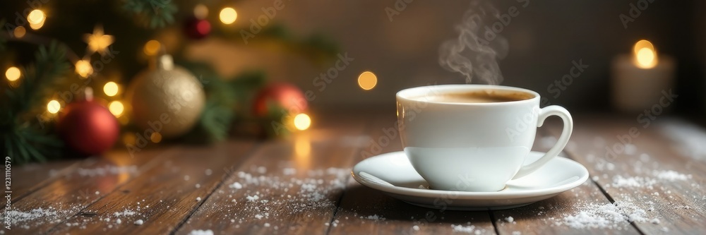Minimalist Christmas setup with white cup of coffee and empty space, holiday, christmas, empty Minimalist Christmas setup with white cup of coffee and empty space, holiday, christmas, empty