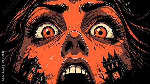 Frightened woman with wide eyes in a horror-themed scene featuring a haunted house backdrop photo