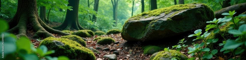 Mossy granite outcropping amidst dense green forest undergrowth, Tree Roots, Overgrown Terrain Mossy granite outcropping amidst dense green forest undergrowth, Tree Roots, Overgrown Terrain