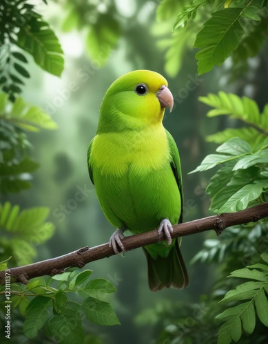 Perched Green Rumped Parrotlet on a leafy branch, parrotlet species, colorful plumage, small bird photo