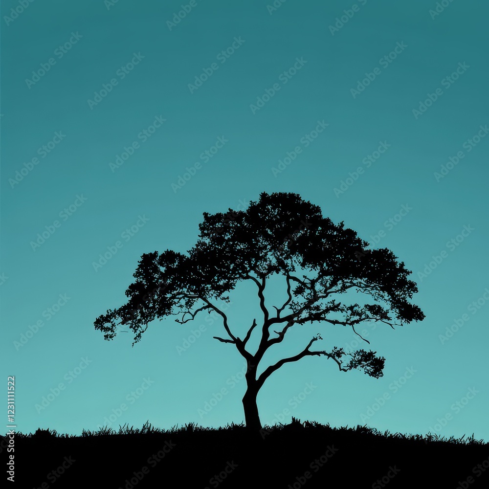 Silhouetted Tree Stands Alone Against Teal Sky Silhouetted Tree Stands Alone Against Teal Sky