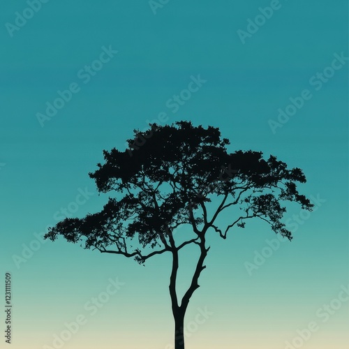 Silhouette Of A Single Tree Against A Teal Sky
