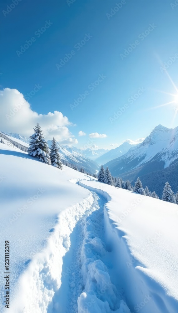 Snow-covered hills stretch towards the blue sky, silence, cold, stillness