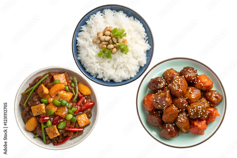 set of plates of food with meat and white rice set of plates of food with meat and white rice