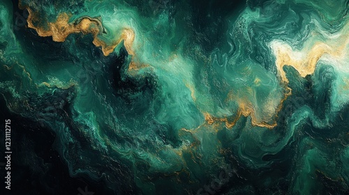 Abstract Emerald Green and Gold Swirls Background with Metallic Accents and Fluid Textures photo