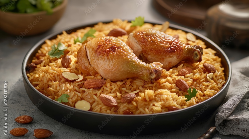 Chicken kabsa - homemade arabian rice Saudi food. The national Saudi Arabian dish chicken kabsa with roasted chicken quarter and almonds Chicken kabsa - homemade arabian rice Saudi food. The national Saudi Arabian dish chicken kabsa with roasted chicken quarter and almonds
