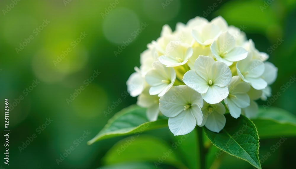 The first white flowers start to appear on a unique-shaped hydrangea, growth, blossom The first white flowers start to appear on a unique-shaped hydrangea, growth, blossom