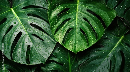 Lush green monstera leaves with water droplets.