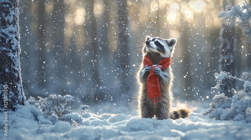 Winter Raccoon in Snowy Forest
