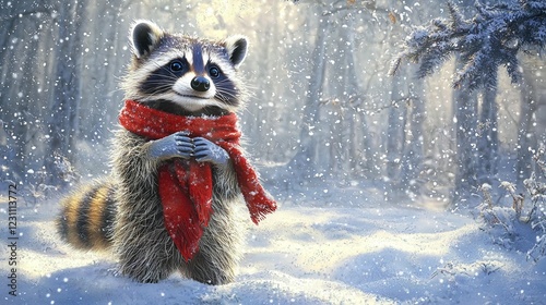 Winter Raccoon in Snowy Forest