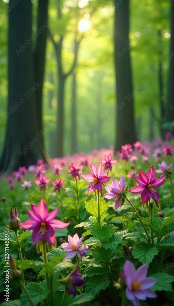 Aquilegia canadensis flowers in a forest with trees and foliage, spring, columbine Aquilegia canadensis flowers in a forest with trees and foliage, spring, columbine
