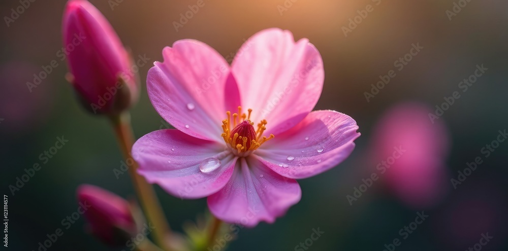 A single pink flower with delicate details on its petals and glistening droplets of dew, blossoms, bloom, macro photography A single pink flower with delicate details on its petals and glistening droplets of dew, blossoms, bloom, macro photography