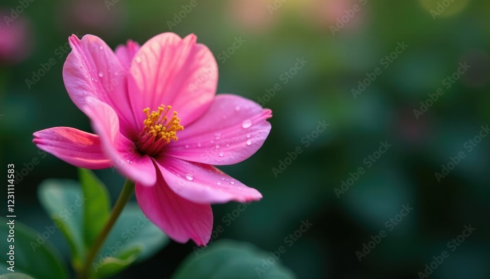 A single pink flower with intricate details on its petals and glistening droplets of dew, bloom, botanical, pink flower A single pink flower with intricate details on its petals and glistening droplets of dew, bloom, botanical, pink flower
