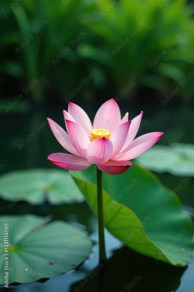 A single lotus flower blooming in the shallow waters of a pond, greenery, peaceful, pond A single lotus flower blooming in the shallow waters of a pond, greenery, peaceful, pond