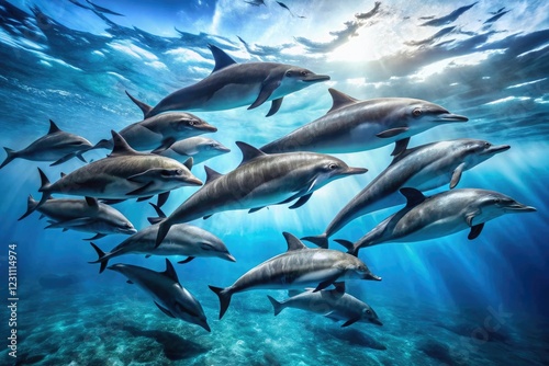 School of dolphins swimming together in the ocean, dolphin behavior, schooling, oceanic