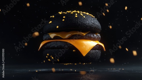 Black burger, cheese, dark background, food photography, menu (1) photo