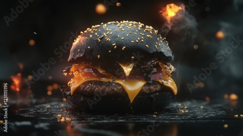 Flaming Black Burger, gourmet food, dark background, advertising photo