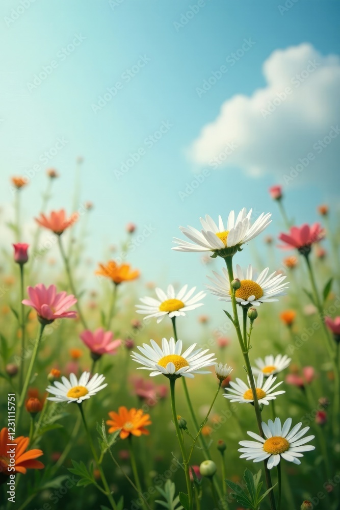 Daisies sway gently in a breeze amidst tall wildflowers, flowers, flowers Daisies sway gently in a breeze amidst tall wildflowers, flowers, flowers