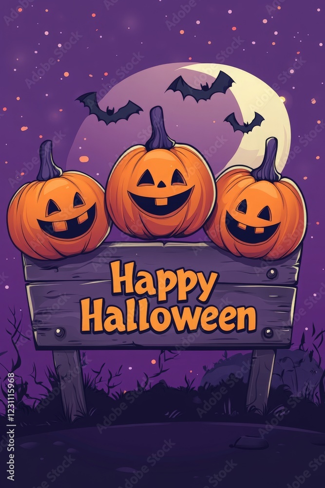 Fototapeta premium Happy Halloween Jack o lantern Pumpkins Bats Moon Night Scene