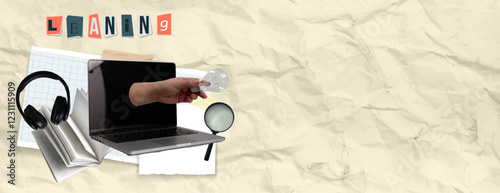 Dynamic collage of learning tools featuring a laptop, light bulb, and headphones on a textured background, vector illustration