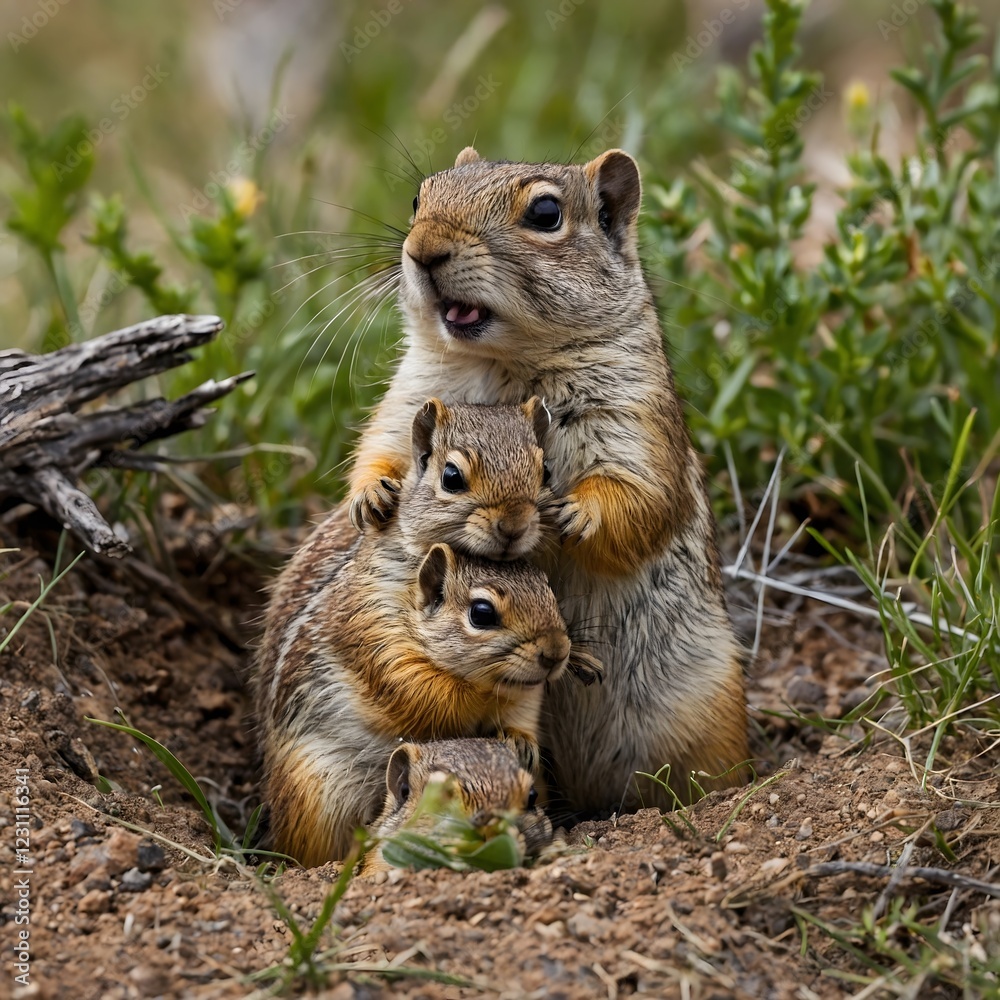 Fototapeta premium Inquisitive Kin: A Northern Idaho Squirrel Family at Their Burrow