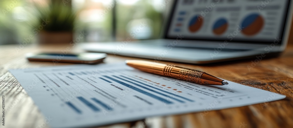 Obraz premium Financial report with pen, charts, and laptop on desk.