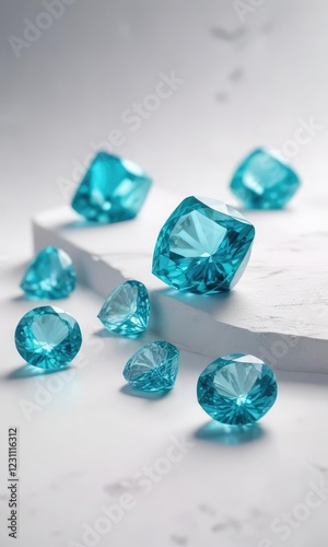 Shimmering aquamarines on an immaculate white backdrop, shine, gemstones, glint