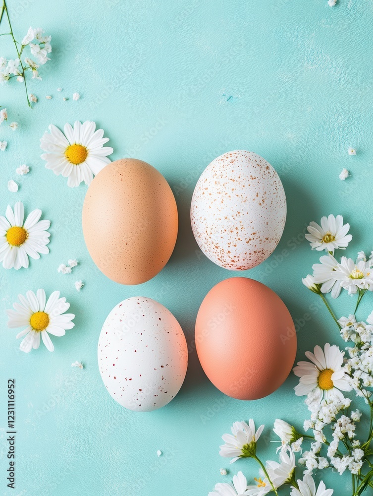 Three colorful eggs and two vibrant flowers are arranged on a serene blue surface, embodying the spirit of Easter celebration and renewal. Three colorful eggs and two vibrant flowers are arranged on a serene blue surface, embodying the spirit of Easter celebration and renewal.