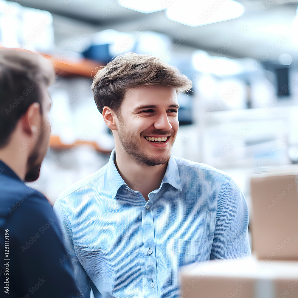 Happy workers having a conversation in a warehouse Happy workers having a conversation in a warehouse