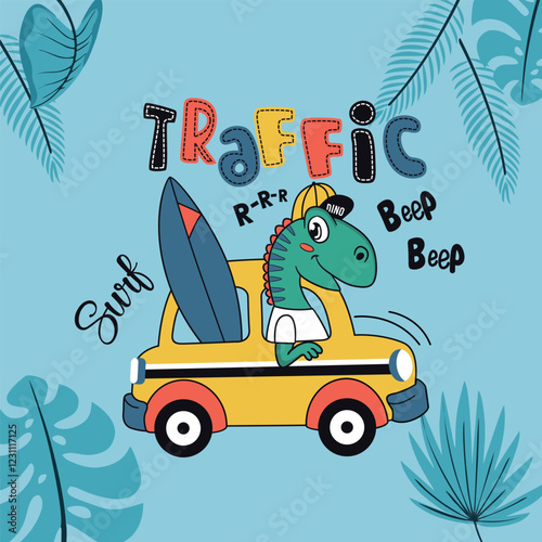 Cute animal in a car traveling to an island for a fun surfing adventure on the beach
