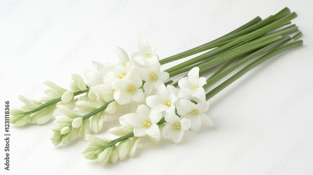 Delicate white flowers arranged on a pristine white surface, embodying the essence of purity and renewal, perfect for celebrating Easter's themes of rebirth. Delicate white flowers arranged on a pristine white surface, embodying the essence of purity and renewal, perfect for celebrating Easter's themes of rebirth.