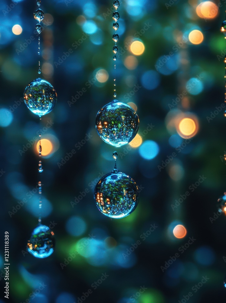 Obraz premium Crystal drops hanging, reflecting lights, night, bokeh background, festive decor