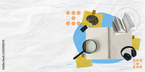 Engaging collage of a notebook and headphones with a brain graphic, perfect for study themes, vector illustration