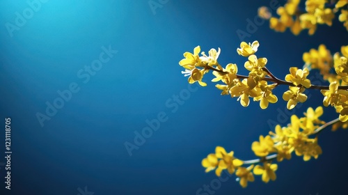 A vibrant yellow flower blooms on a branch, contrasting beautifully with the clear blue sky, symbolizing renewal and hope during the Easter season.