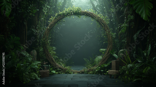 Mystical circular archway in a lush, green jungle setting.  A path leads into the mysterious depths.
