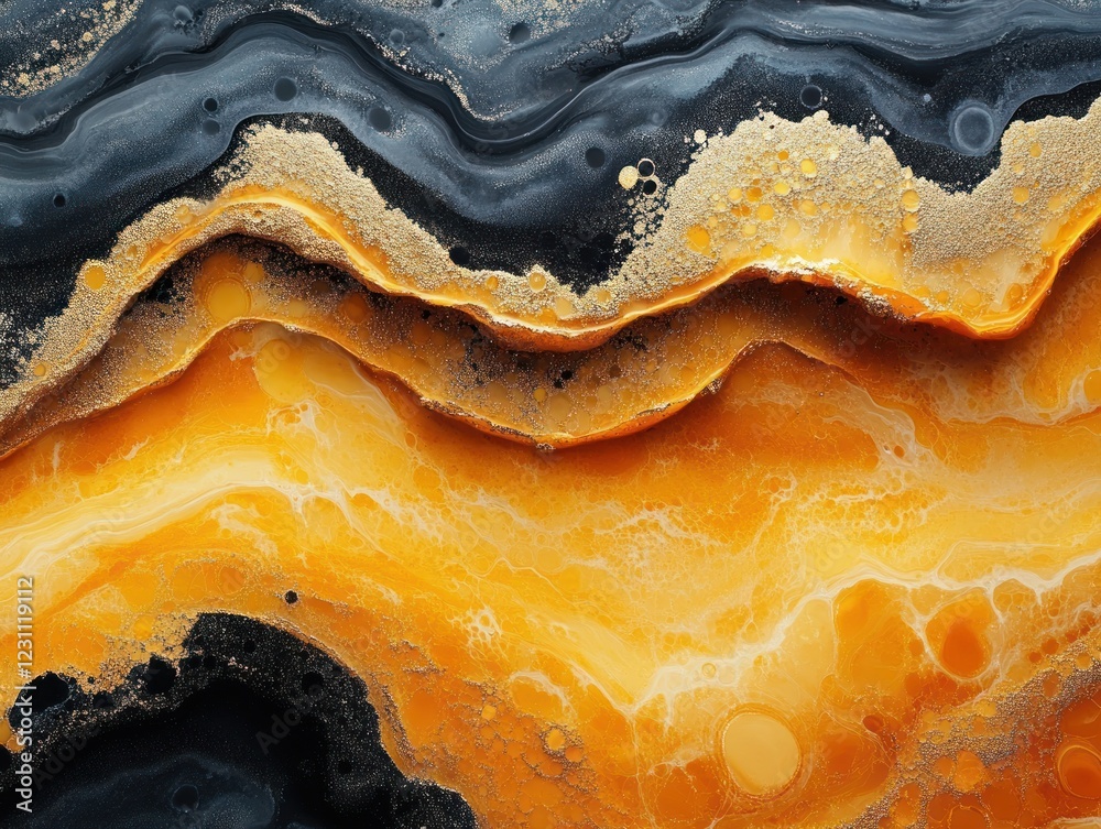 Fototapeta premium Abstract fluid art with golden accents and flowing dark waves, creating a textured background pattern