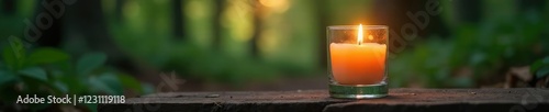 Glass container holding a burning candle in a peaceful forest environment, serene atmosphere, tranquil escape, calming environment