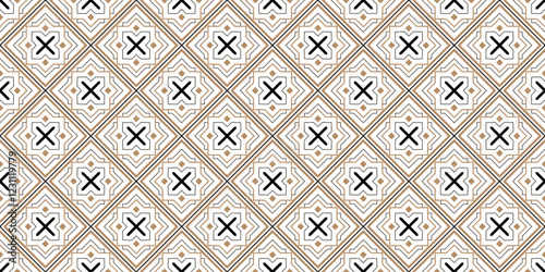 Geometric Seamless Pattern, Modern seamless pattern with geometric shapes in black, gold, and white.