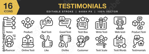 Testimonials icon set. Editable Stroke Icon Collection. Includes testimony, quotation, feedback, comment, and More. Outline icons vector collection.