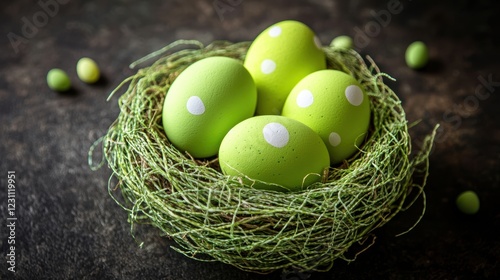 A nest filled with colorful eggs resting on lush green grass adorned with charming white polka dots, symbolizing the essence of Easter celebrations. photo