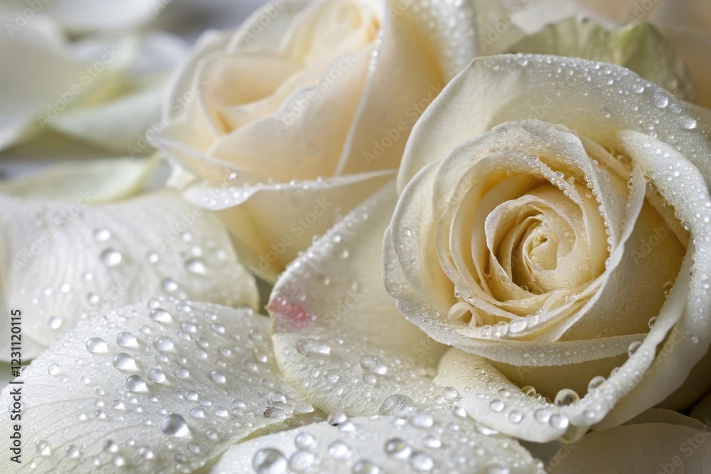Obraz premium Soft and fragile white rose petals with tiny dew drops glistening on their surface, botanical, gentle, serene, peaceful, macro