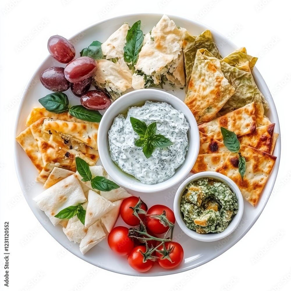 A platter of Greek mezze including tzatziki and spanakopita, isolated white background, abstract art style