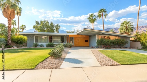Mid-Century Modern House with Palm Trees and Mountain Views in Sunny Desert Landscape
