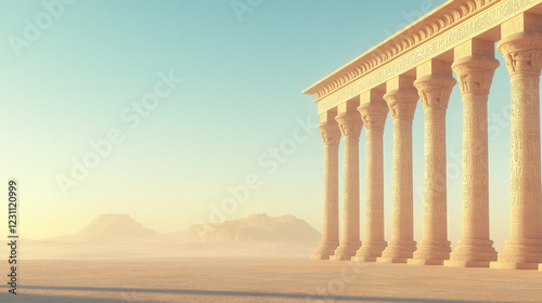 Ancient columns stand tall against a hazy desert landscape at sunrise  their hieroglyphs hinting at forgotten stories.