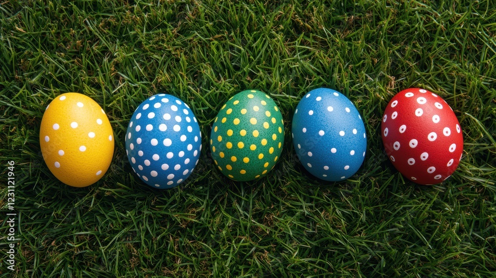 Four vibrant Easter eggs neatly arranged on the grassy ground, showcasing a festive display of colors and symbols of springtime celebration. Four vibrant Easter eggs neatly arranged on the grassy ground, showcasing a festive display of colors and symbols of springtime celebration.