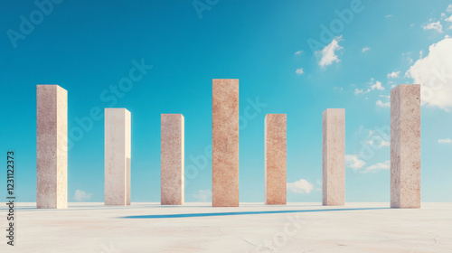Abstract architectural image featuring seven tall, light beige stone pillars against a vibrant blue sky. The pillars vary slightly in height, creating a visually striking composition.