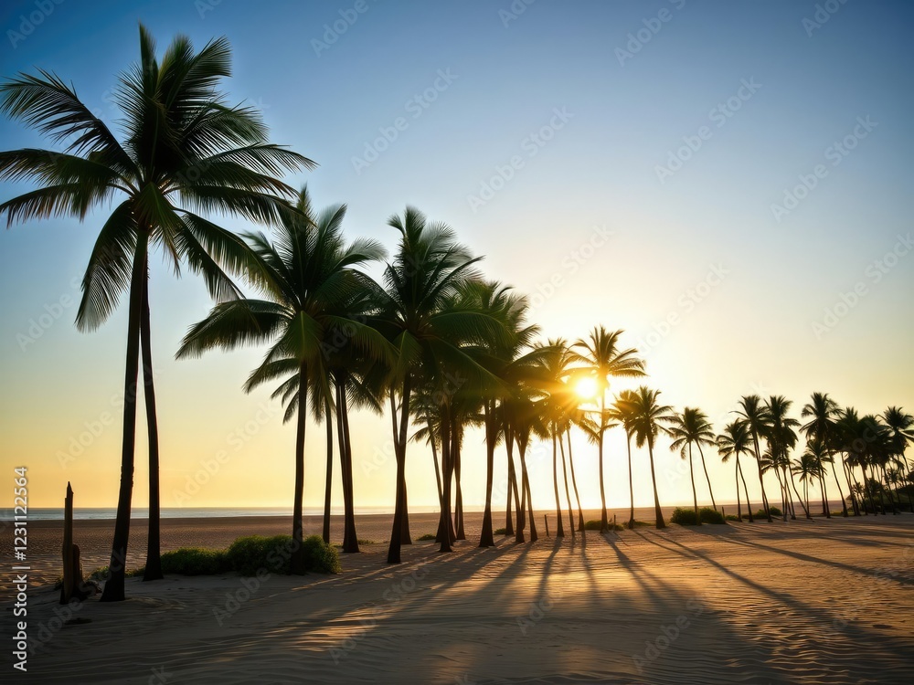 Obraz premium Palm trees standing tall along a vast expanse of sandy beach, with the sun casting a warm glow on the horizon, beach, sand, tropical
