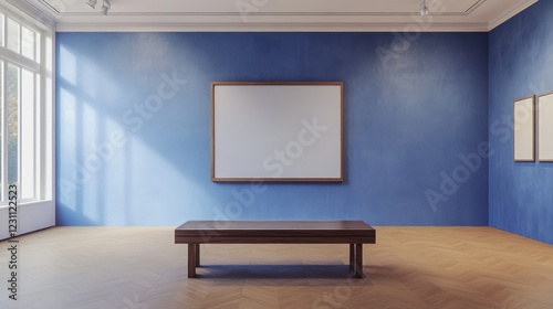 Empty gallery room with blank canvas  sunlight  wooden bench