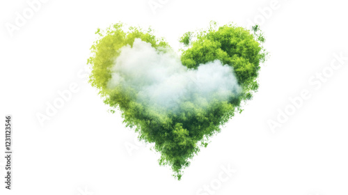 Green foliage and white clouds forming a heart shape on transparent background