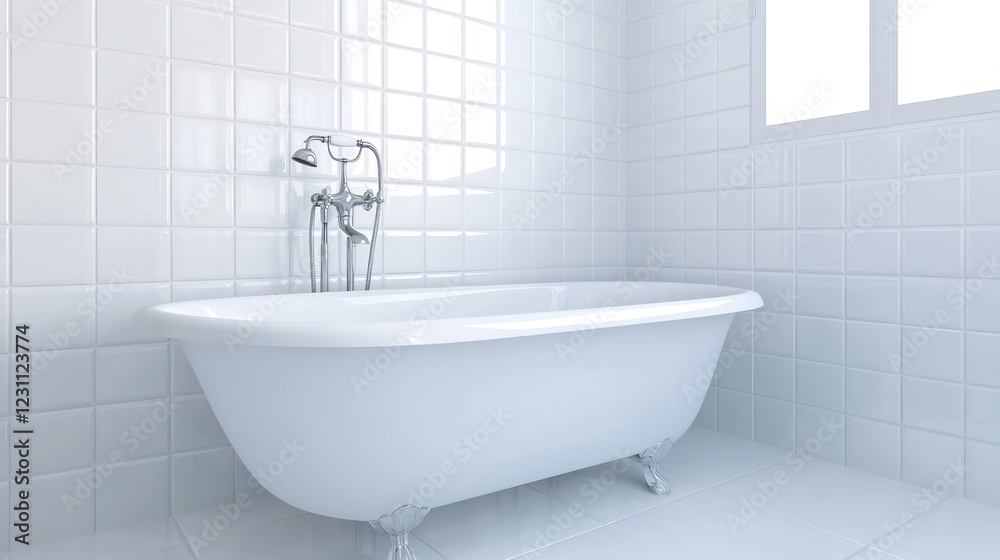 White Freestanding Bathtub in a Modern White Tiled Bathroom White Freestanding Bathtub in a Modern White Tiled Bathroom